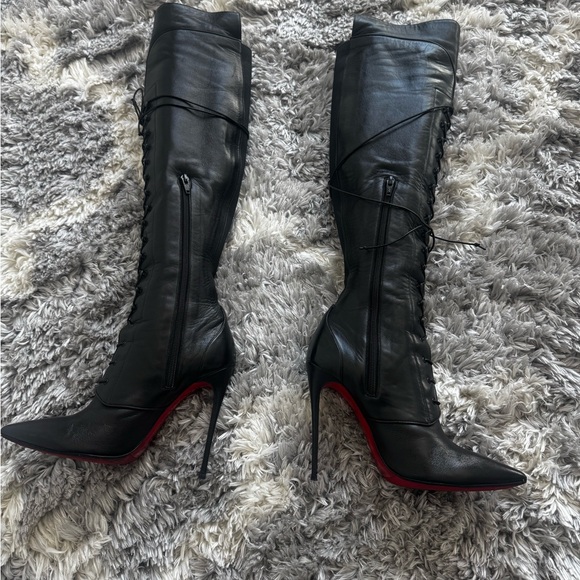 Christian Louboutin Black Lace-Up Over-the-Knee Pointed-Toe Boots - Picture 7 of 11